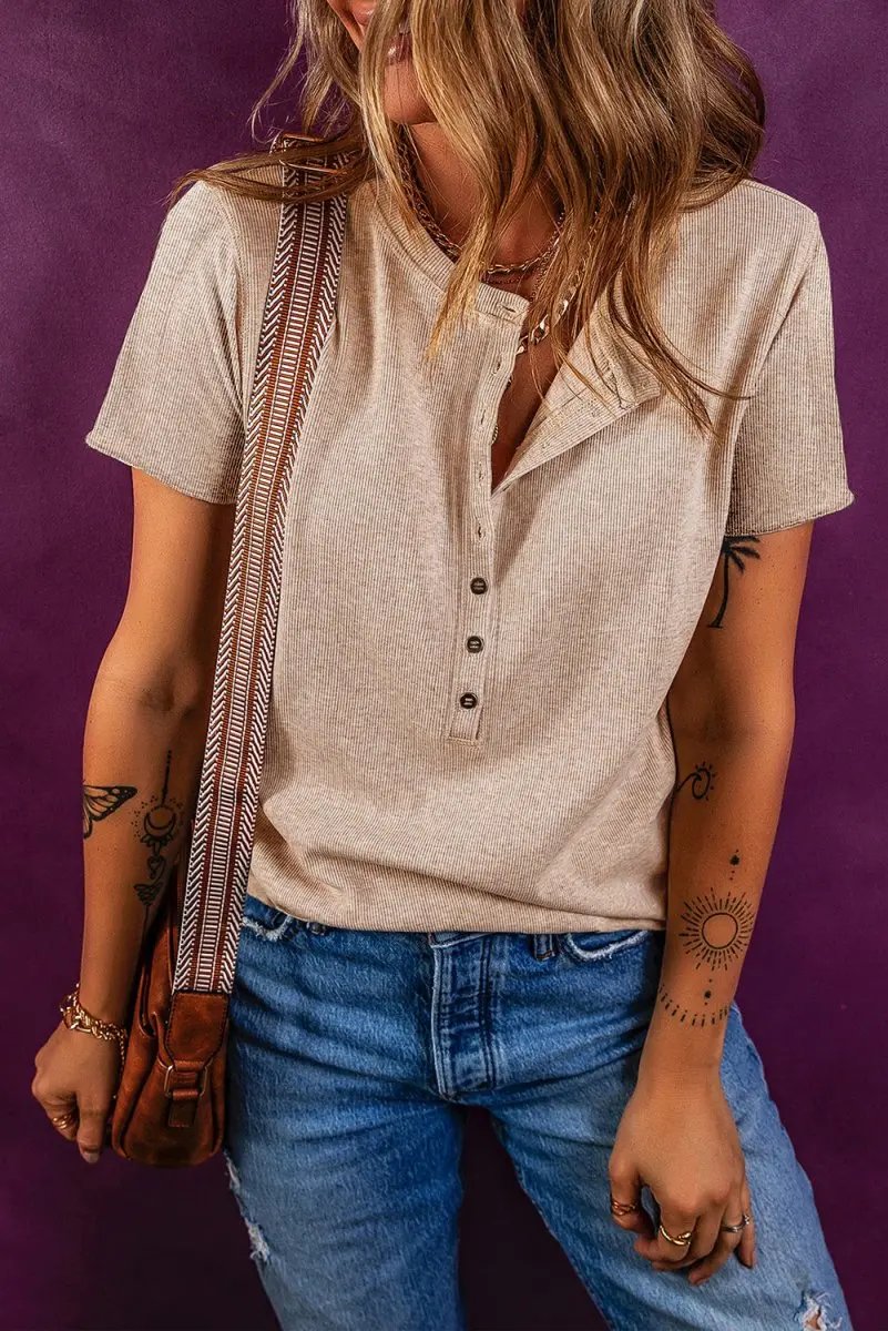 Oatmeal Short Sleeve Half Button Ribbed Knit Top for Women - Love Salve